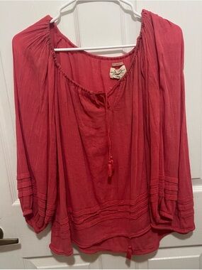 Women's Tie-Neck Red Peasant Blouse